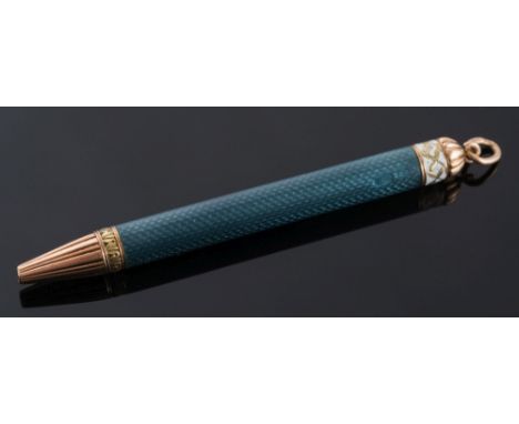 A Russian enamelled gold  and silver propelling pencil: the shaft decorated with blue/grey enamel over engine-turning with wh