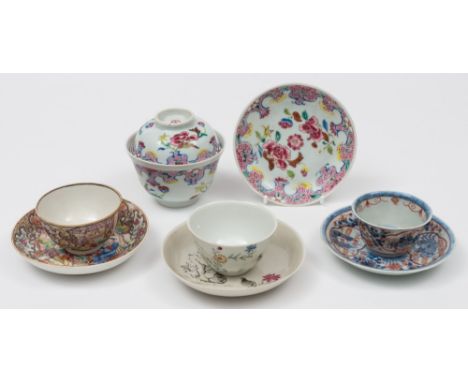 A group of Chinese famille rose and similar wares: comprising three tea bowls and saucers in the Imari palette, rich Mandarin