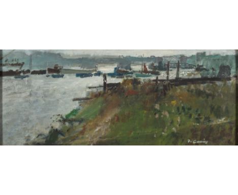 * Frederick Cuming R.A.[b.1930]-
Medway Rochester:-
signed bottom right, 
inscribed with title on a label attached to the rev