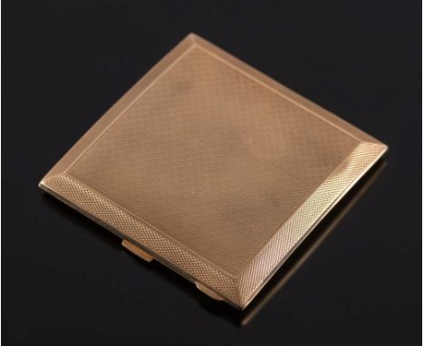A 9ct gold square cigarette case: with engine turned decoration, Birmingham 1949, approximately 86gms gross weight. 
