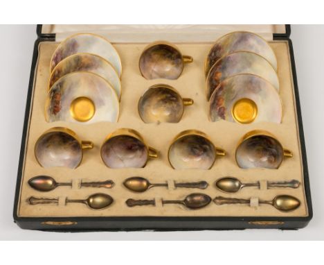 A cased set of six Royal Worcester cups and saucers by Harry Stinton: the interior and upper surface of each painted with a p