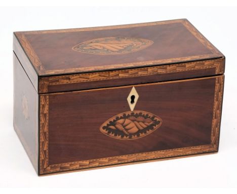 A 19th century mahogany and inlaid caddy: of rectangular outline, with parquetry borders, the hinged lid with conch shell inl