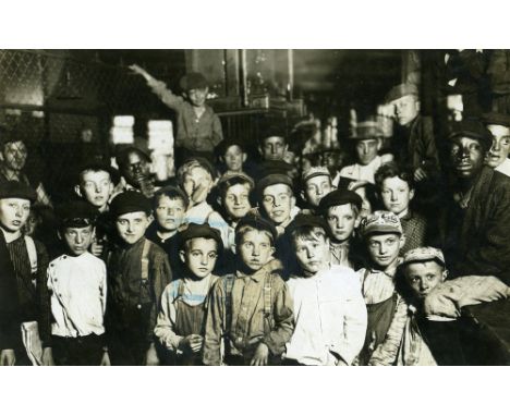 Lewis Wickes Hine [1874-1940, Winsconsin, USA]-
Indianapolis Newsboys Waiting for the Base-ball Edition In a Newspaper Office