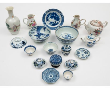 A group of Chinese famille rose and blue and white wares: including a teapot and matched cover painted with figures holding b