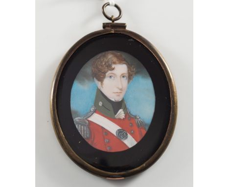 English School-
Miniature portrait of an army officer:,
head and shoulders, wearing a red tunic and white sash
sky background