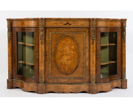 A Victorian walnut, floral marquetry and gilt metal mounted breakfront credenza:, crossbanded in tulipwood, bordered with box