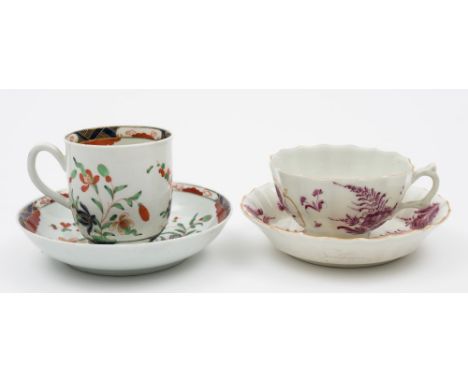 A Worcester coffee cup and saucer and a similar teacup and saucer: the first painted in the Imari palette with the 'Kempthorn