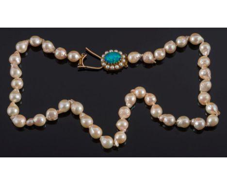 A baroque cultured pearl single string necklace: with oval, opal doublet and cultured pearl clasp:, approximately 44cm total 