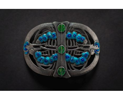 An Arts and Crafts enamelled silver two-division oval belt buckle, after a design by Jessie Marion King (1875-1949)  for Libe