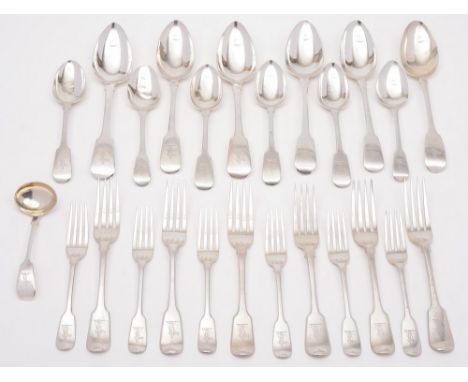 A matched set of fiddle pattern flatware, various makers and dates: crested,  includes six tablespoons, six dessert spoons, s