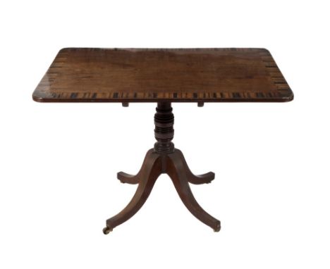 A Regency mahogany and inlaid breakfast table:, the snap top with a wide coromandel cross banded border and a reeded edge and
