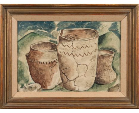 * John Craxton R.A. [1922-2009]-
Roman pots, [Neolithic Pots], archaeological find, the Downs, Cranborne Chase beyond:-
initi