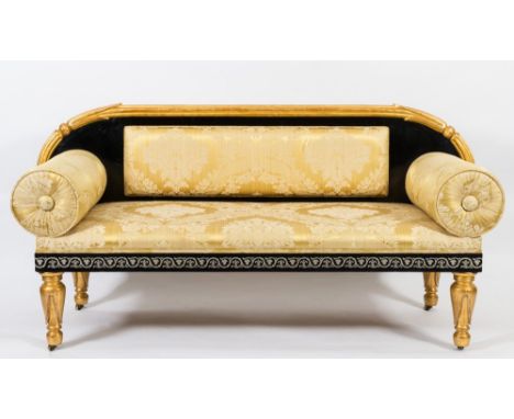 A Regency carved giltwood, ebonised and silvered marquetry inlaid settee in the manner of George Bullock:, the upholstered pa