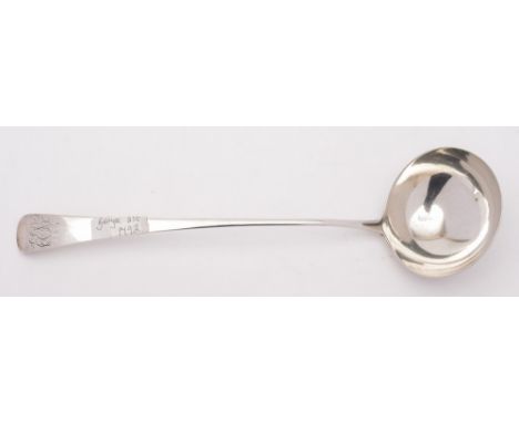 A George III silver Old English pattern soup ladle, maker IB, London, 1792: initialled, 33cm. long, 5.220zs. ladle.

