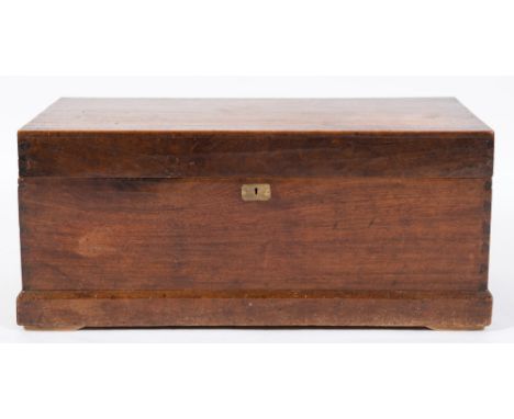 A teak rectangular trunk:, with a hinged top and brass carrying handles to the sides, 91.5cm (3ft) long.