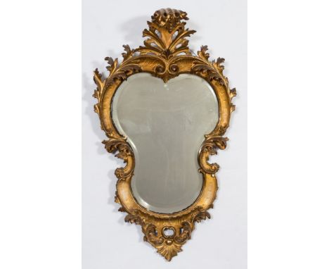 A 19th Century Continental carved giltwood cartouche shaped wall mirror:, the bevelled plate within a moulded and acanthus le