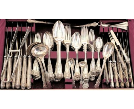 A matched silver Kings pattern flatware service, various makers and dates: initialled, includes six table knives, five desser