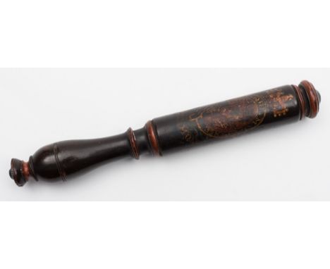 A 19th century tipstaff:, the turned finial over lacquered body with gilt and coloured armorial, also the letter 'S', turned 