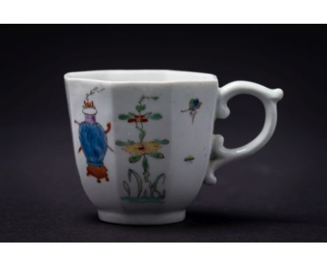 A fine early Worcester polychrome coffee cup: of octagonal form with scroll handle, painted with an elegant Chinese lady, two