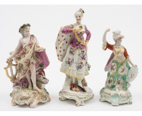 Three Derby figures of a Ranelagh Dancer, Minerva and Apollo: the dancer wearing puce bodice and floral decorated skirt, on s