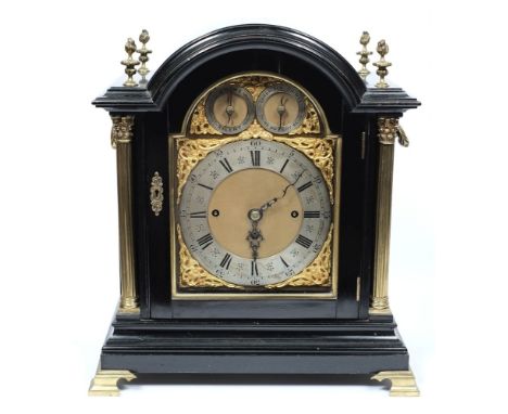 A Victorian ebonised chiming bracket clock: the eight-day duration triple-fusee movement striking the hours on a gong and chi