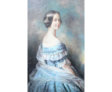 Manner of Franz Xaver Winterhalter (1805-1873) Portrait of an elegant lady, half length, in a blue dressSigned 'C Mortais', o