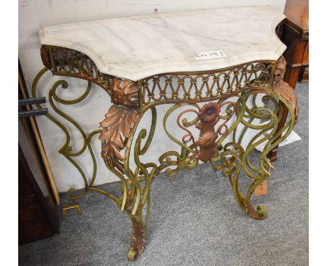 A French Mid Century Metal Console Table, with a white marble top, 85cm by 38cm by 79cm