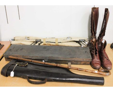 A Bamboo Horse Measuring Stick With Silver Mounts, two pairs of leather boots, a leather "leg of mutton" gun case, another st