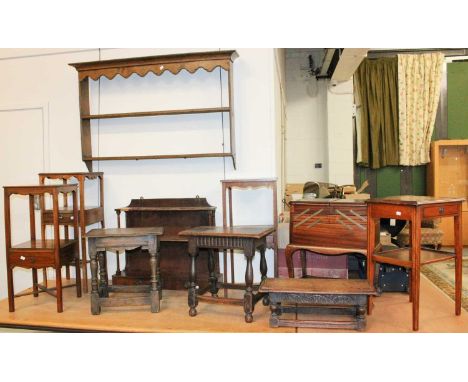 A Regency Mahogany Three Tier Hanging Shelf, with two drawers; together with nine other items of furniture; three oak joint s