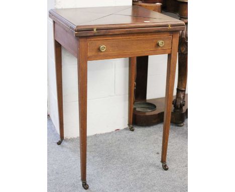 An Edwardian Envelope Card Table, cross banded with single drawer and on square tapering supports, 51cm square by 79cm; toget