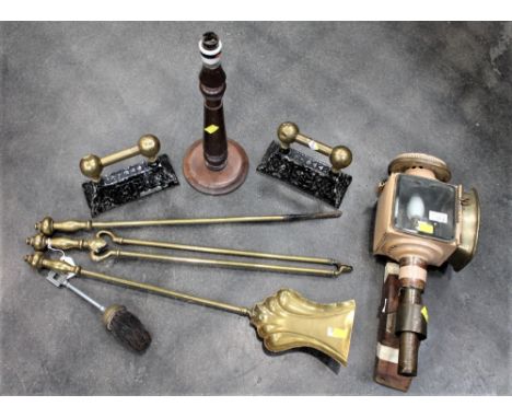 Brass fire irons and fire dogs, turned wooden lamp base and vintage carriage lamp 