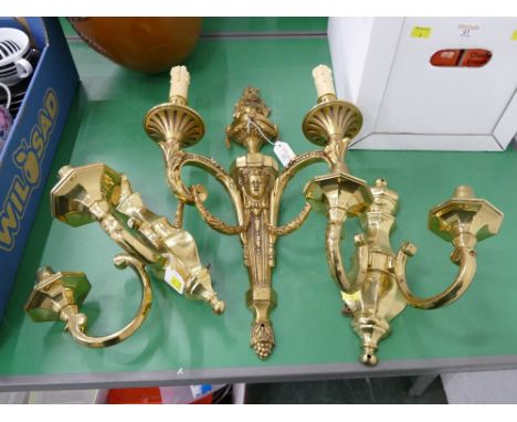 Three brass wall mounted light fittings 