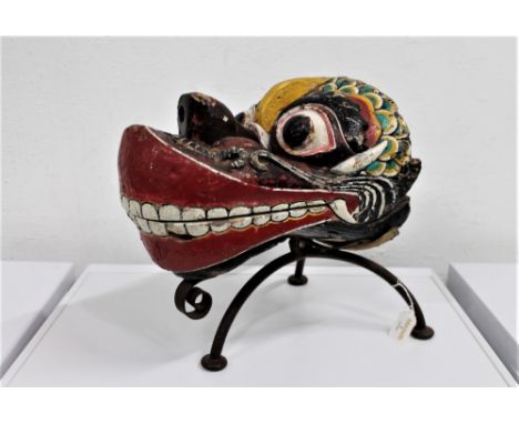 Vintage Balinese Barong wood and painted polychrome head/mask on custom stand, 33 cm long x 34 cm high 