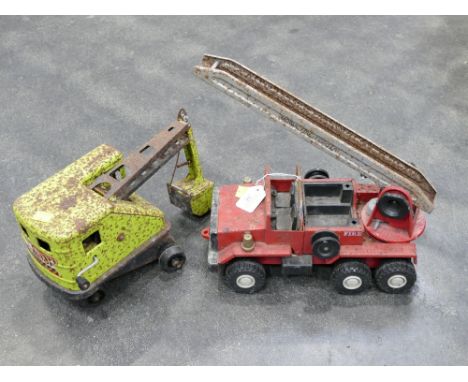 Vintage tin plate crane and fire engine 