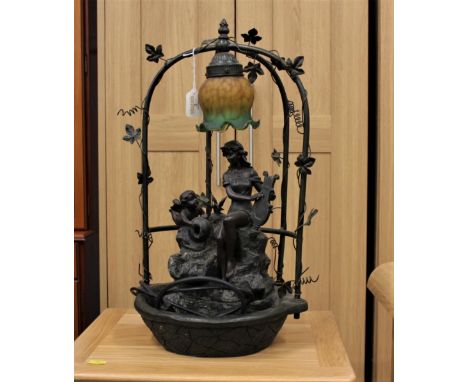 Metal lamp water fountain, cherub and fairy, 50 cm high 