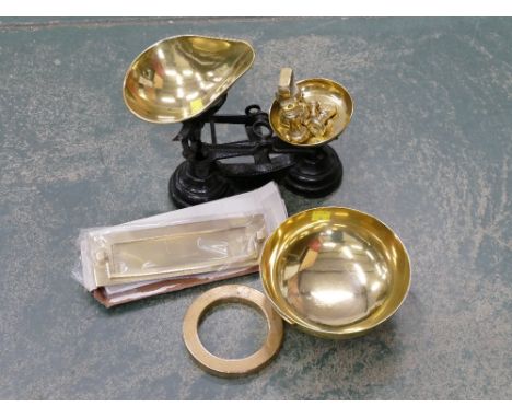 Scales, brass dishes and letter box/knocker 