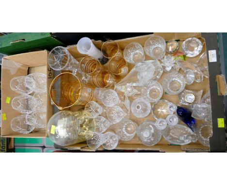 Two boxes of glassware, domed mantle clock