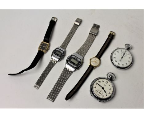 Steel cased pocket watch, stopwatch, two LCD quartz digital wristwatches and two wristwatches 