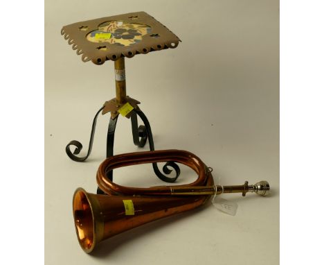 Raised metal teapot stand with ceramic top and brass and copper hunting horn