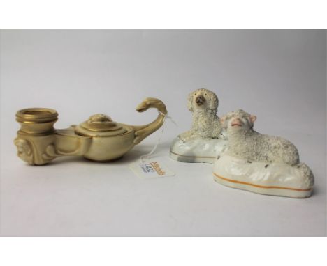 Royal Worcester candle holder and two Staffordshire figures 