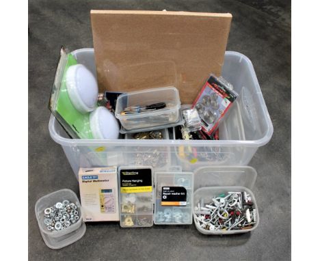 Box of nails, screws, picture hooks, push lights, cork noticeboard, hand tools etc 