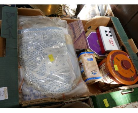Vintage fabrics, doilies and tin 