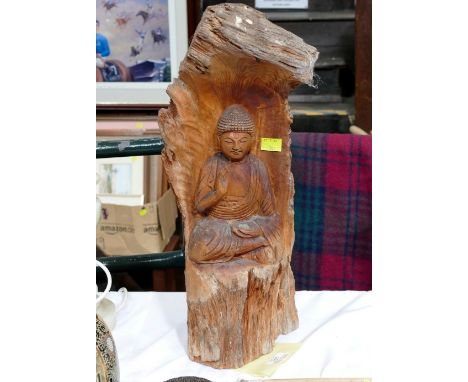 Pitch pine tree trunk Buddha carving 