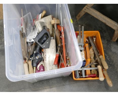 Two boxes of tools, saws, files, clamps, etc