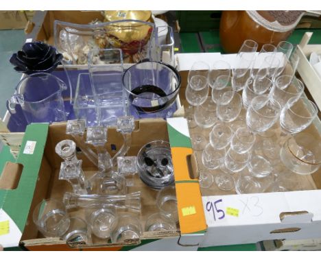 Three boxes of glassware, candelabra, vases, John Lewis vase, etc 
