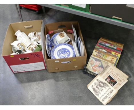 Three boxes of commemorative ware, blue and white plates, vintage pamphlets and annuals 