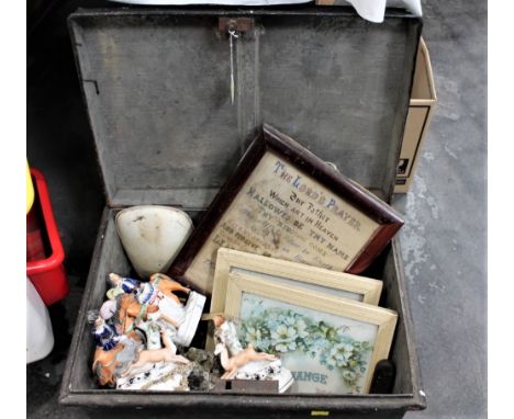 Metal tin, scales, quartz stone, pictures, two pairs of Staffordshire figures etc 