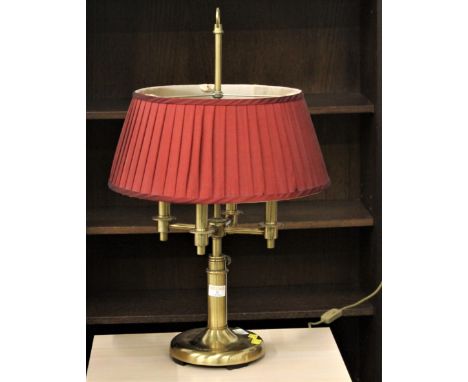 Brass lamp base with four bulbs and red shade 