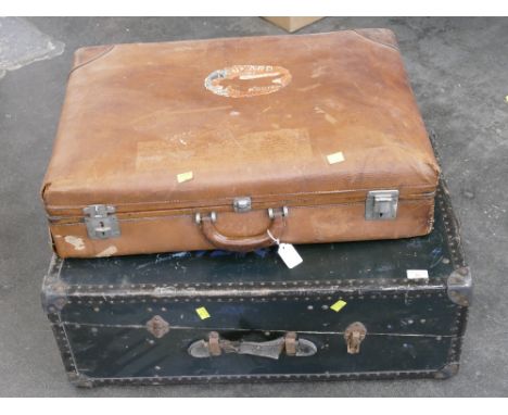 Watajoy of London trunk and vintage Norris leather suitcase with Cunard Line stickers 