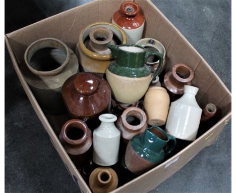 Box of stoneware and earthenware jugs and utensil pots 